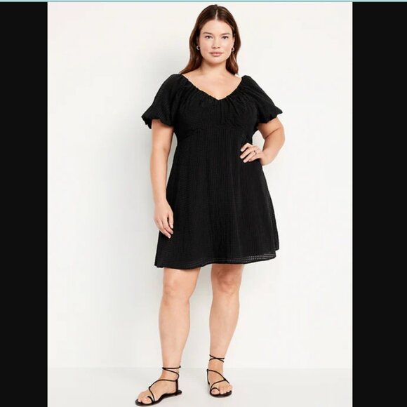Old Navy Flutter Puff Sleeve Textured Smocked Black Babydoll Swing Dress XXL - Picture 1 of 13